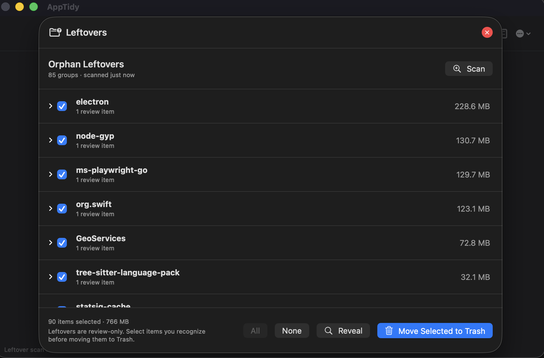AppTidy orphan leftovers review queue