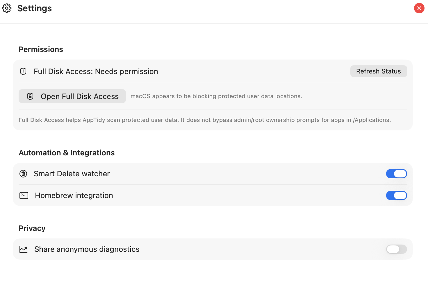AppTidy settings with Full Disk Access, Smart Delete, and Homebrew integration