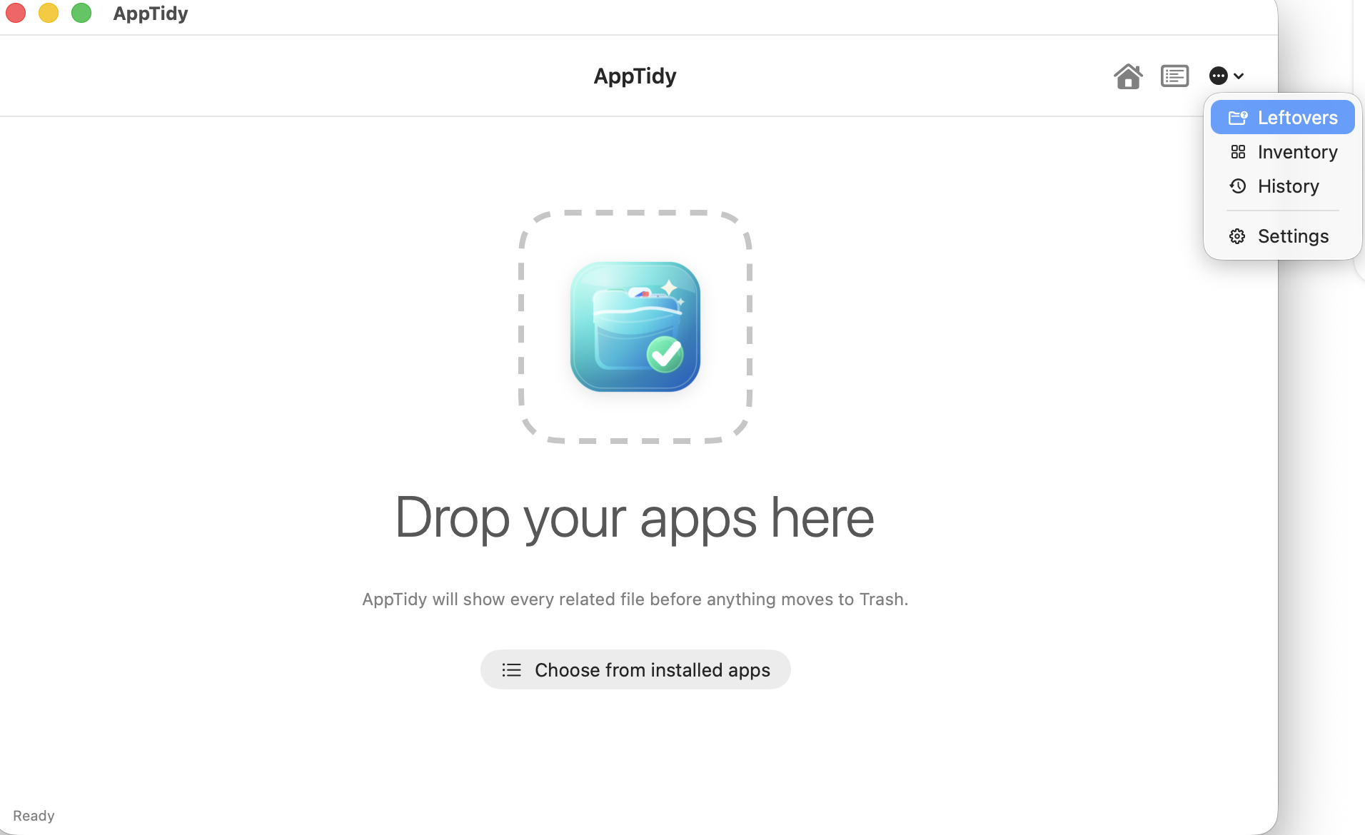 AppTidy advanced menu with Leftovers, Inventory, History, and Settings